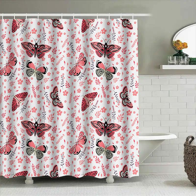 Vibrant Butterfly Pattern Shower Curtain For Bathroom Decor Pink Floral Design Fabric Waterproof Home Decoration