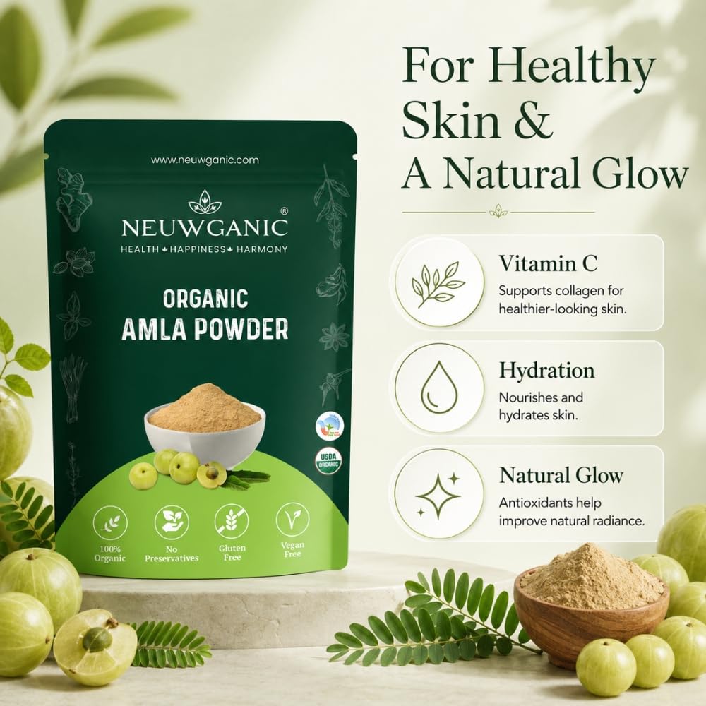 Organic Amla Powder for Eating Hair Growth India Organic USDA Certified Gooseberry Superfood Skin Glow Immunity Drink 190g X Pack of 2