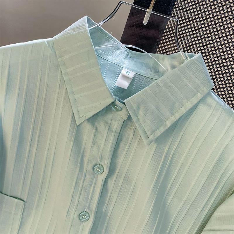 Solid Color Women's Shirt Striped Design Turndown Collar Single Breasted Pocket Famale Thin Shirts Summer Loose Casual Ladies Long Sleeved Top