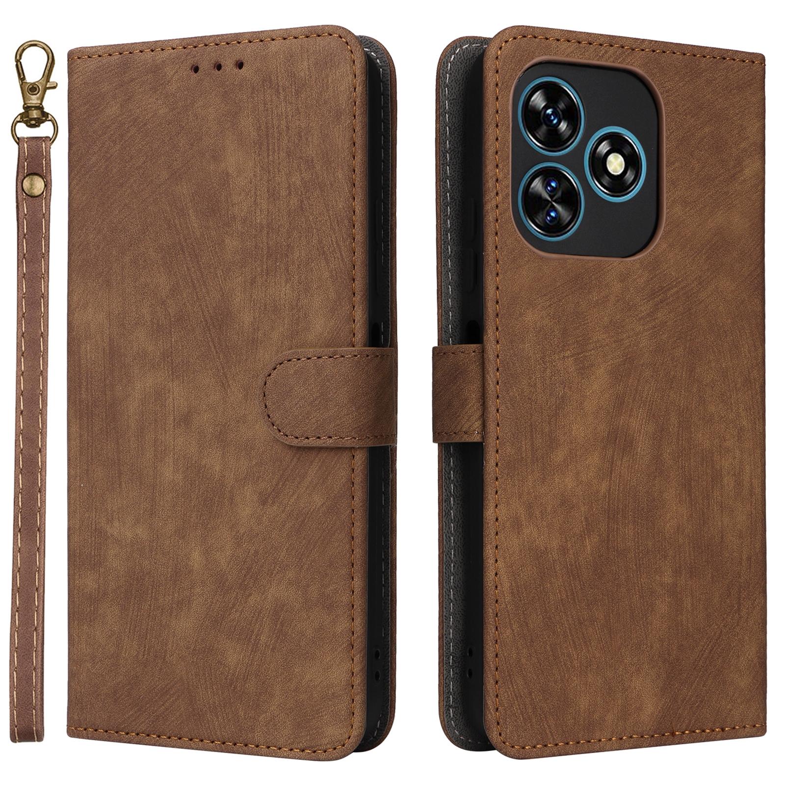 

For Oukitel C51 Leather Case RFID Blocking Wallet Phone Cover with Strap Brown