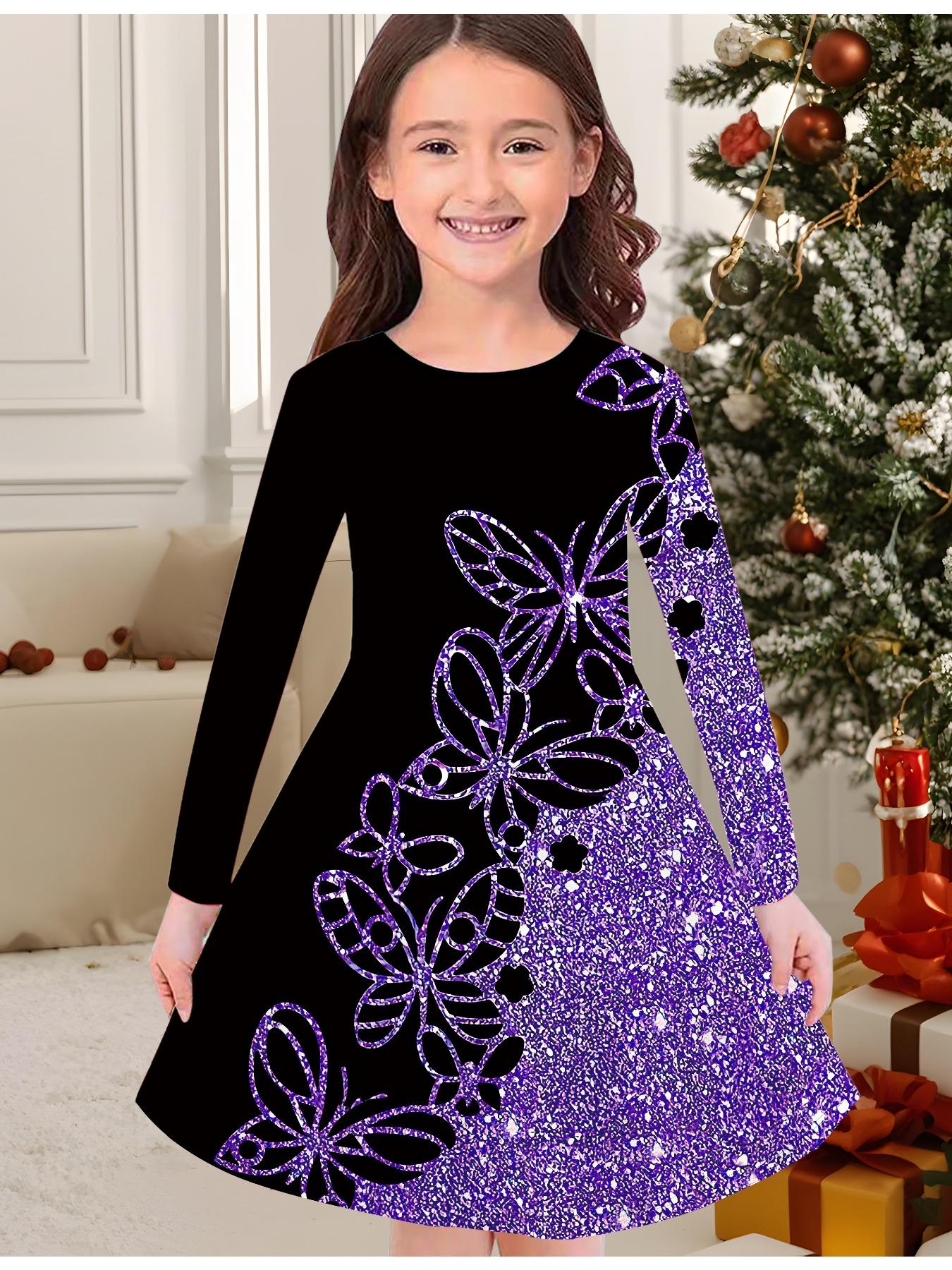 

Модна осіння та зимова сукня для дівчаток, сукня-футболка дитяча з довгим рукавом та круглим вирізом, з 3D квітковим принтом, повсякденна, універсальна, різдвяний одяг 140 фіолетовий