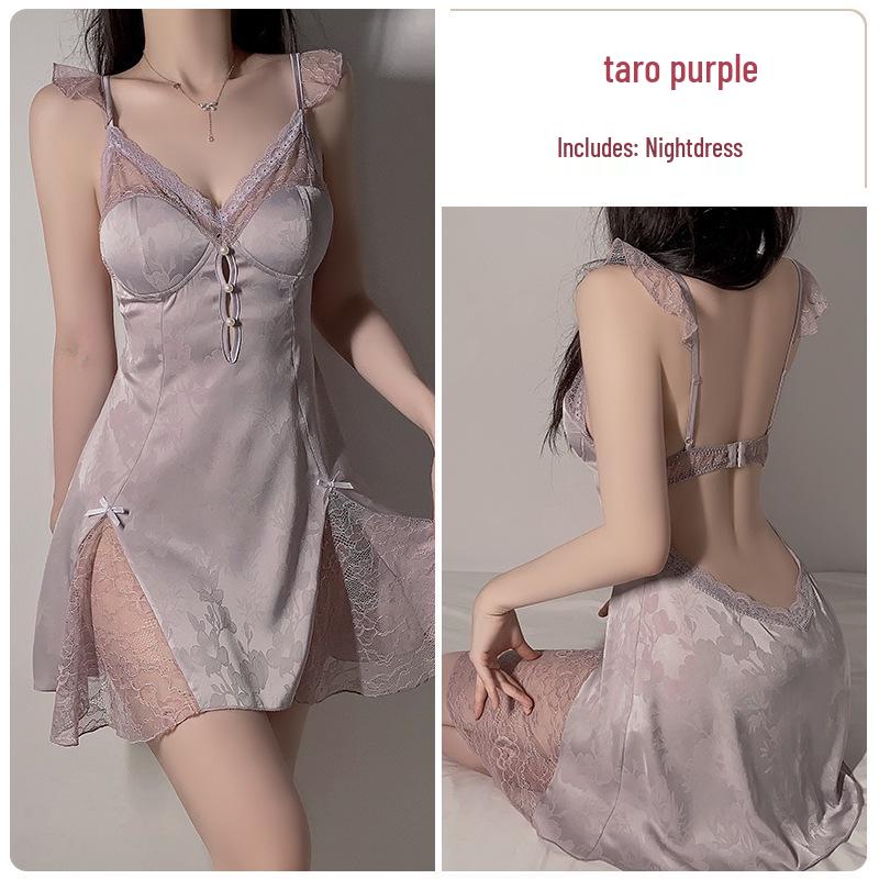 Gorgeous Plus Size Ice Silk Backless Pajama Set with Deep V Padded Camisole and Outer Robe - C4424