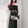 Goddess Temperament Sexy off-the-Shoulder Skinny Sheath Fishtail Dress Sexy Mesh Midriff Outfit Long Sleeves Dress Female Autumn