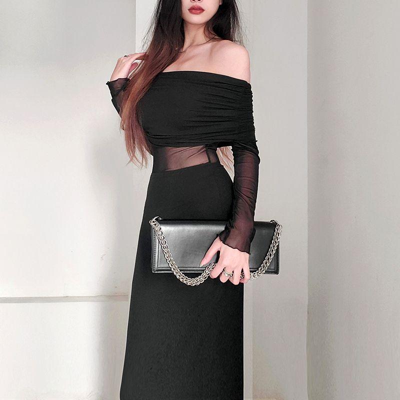 Goddess Temperament Sexy off-the-Shoulder Skinny Sheath Fishtail Dress Sexy Mesh Midriff Outfit Long Sleeves Dress Female Autumn