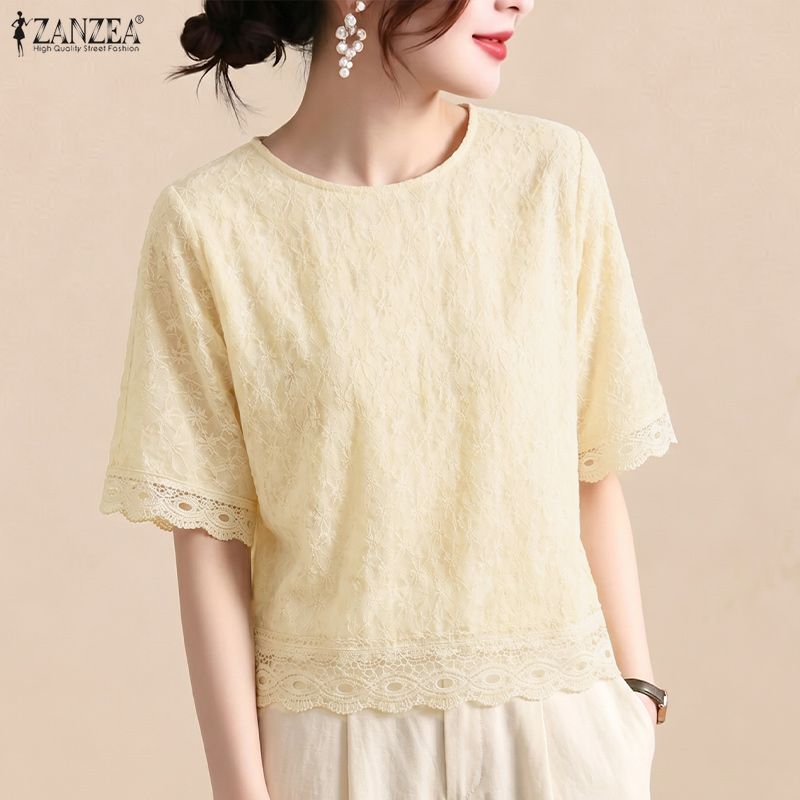 ZANZEA Women Casual Round Neck Half Sleeve Loose Lace Patchwork Blouse M
