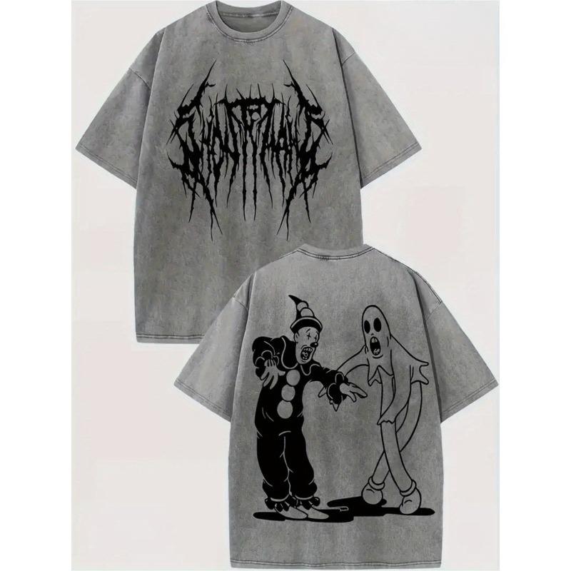 Men's Washed Solid Color T-shirt with Printed Patterns - Loose and Trendy Oversized Version, Retro and Vintage Style, Versatile and Casual