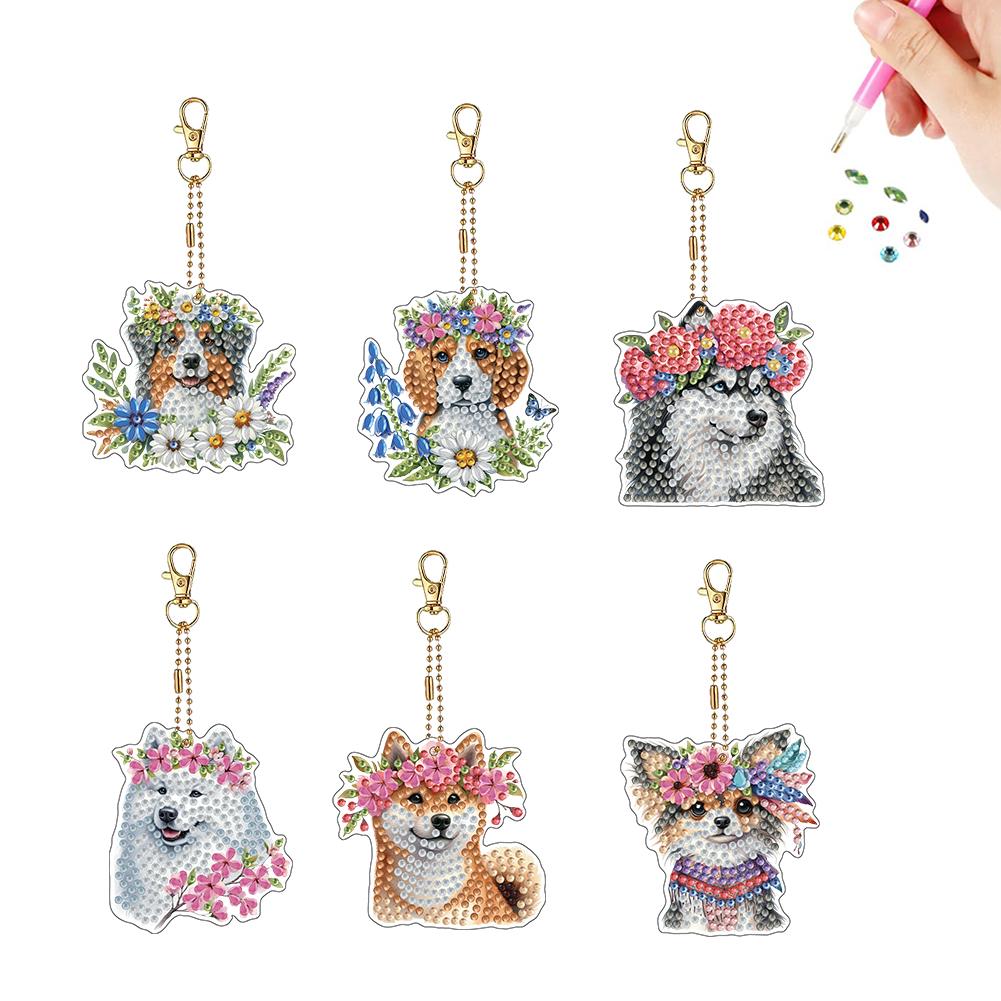 6Pcs Double Sided Special Shaped Exquisite Pattern Diamond Painting Keychain Rhinestone Painting Keychain Pendant for Beginners