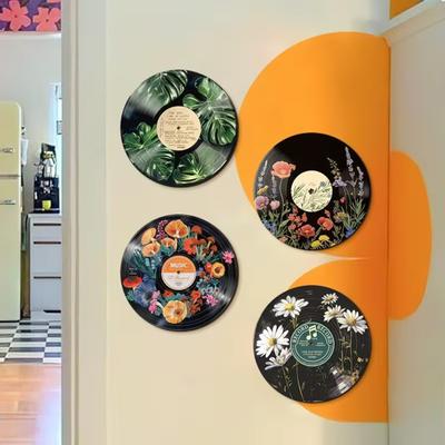 4 Pcs Wooden Record Floral Slice Vinyl Wall Art Vintage Record Replica Wall