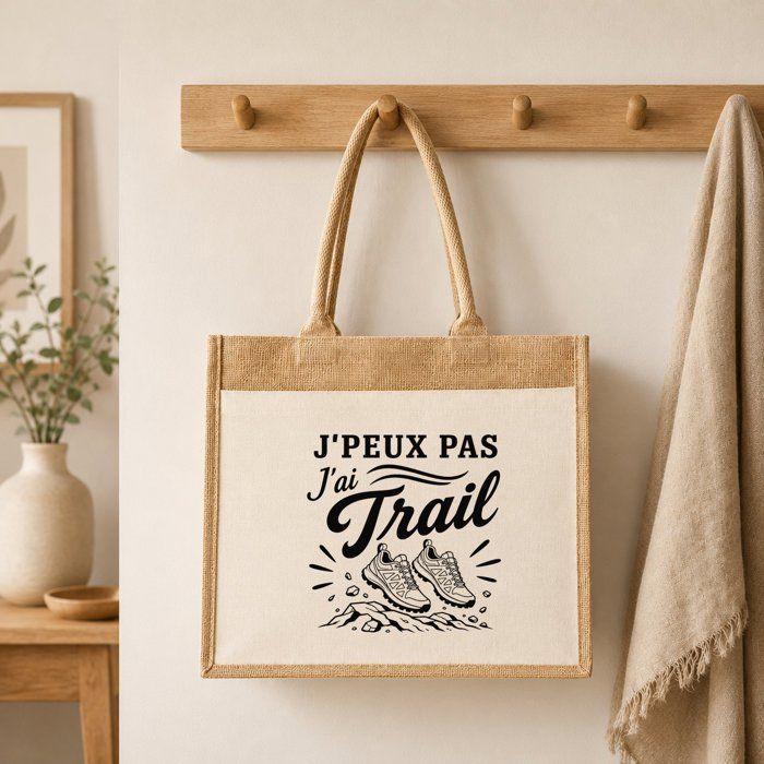 Sac Cabas Jute avec Poche J’peux pas j’ai Trail J'peux pas minimaliste | Toile de Jute et Coton 21 L Fond Plat Anses 65 cm | Marché