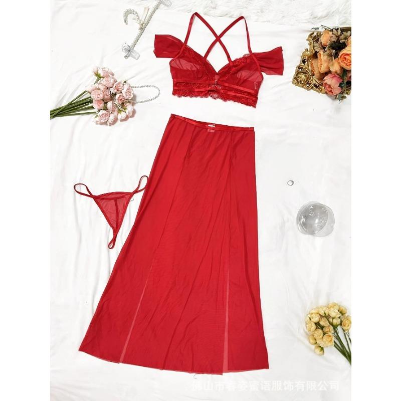 Womens Sexy Sheer Mesh Strap Long Nightdress Intimate Lingerie Set