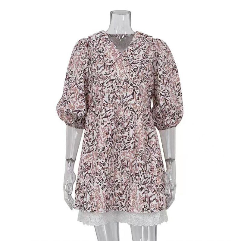 

Fashion New Arrival Printed Peter Pan Collar Waist Trimming Short-Sleeved Silm Dress Printed Doll Neck Dress Khaki M