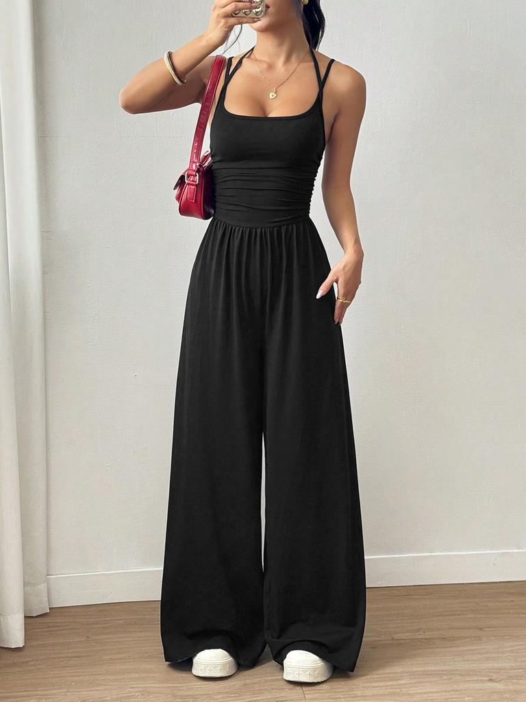 Women's Crisscross Spaghetti Strap Square Neck Ruched High Waist Wide Leg Long Jumpsuit Casual Summer Romper
