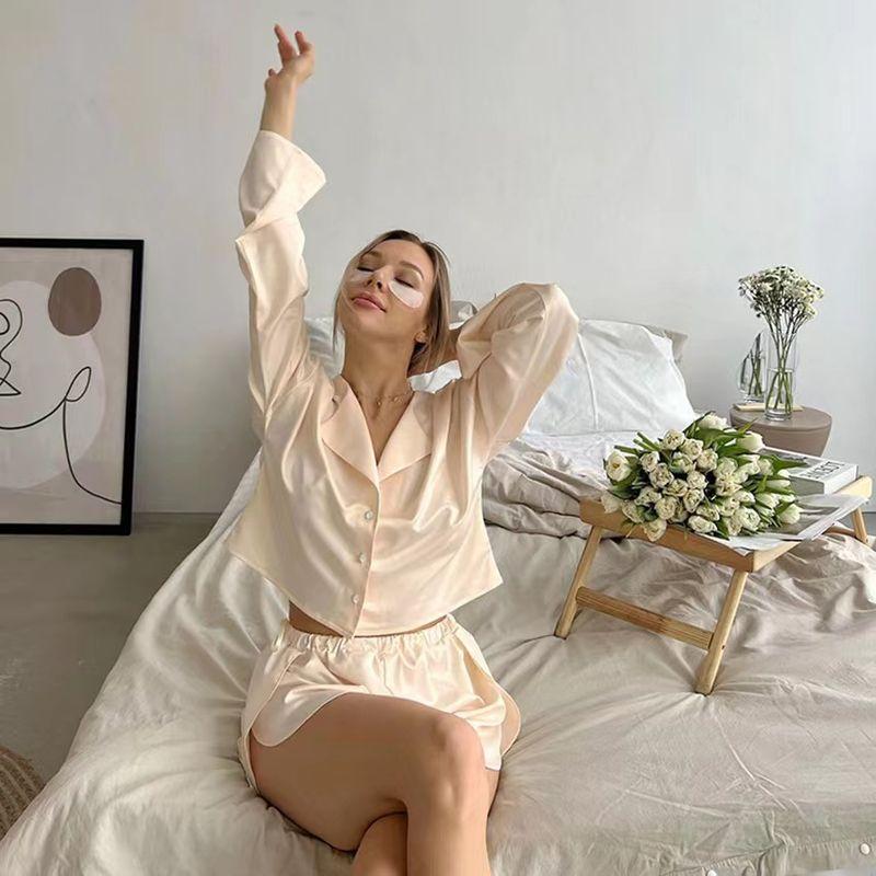 

Fashion Summer Long-Sleeve Short Shirt Slit Shorts Two-piece Set Homewear Shirt and Shorts Set Champagne S