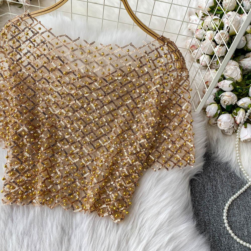 Chic Vintage Hollow Out Sequin Backless Elegant Fashion Sexy Shirt High Street T Shirt Summer Women Blouse Women