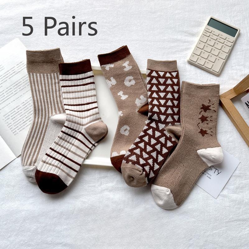 5 Pairs of Female Autumn Winter Vintage Warm Mid Tube Cotton Socks