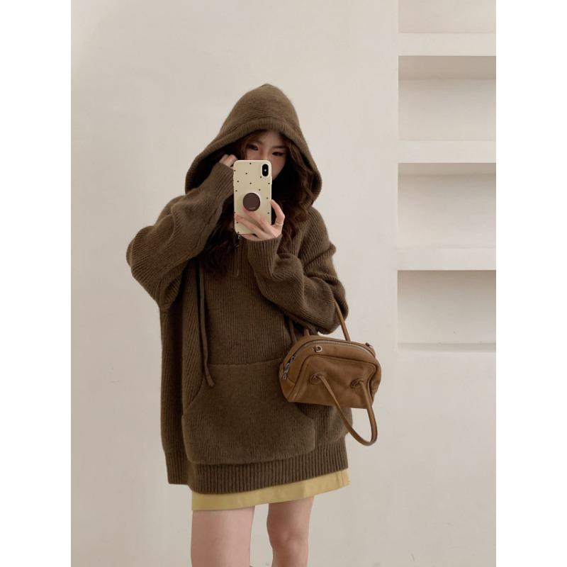 Autumn and Winter New Pullover Sweater Women's Half Zipper Hooded Casual Lazy Wind Outside Knitted Sweater Top