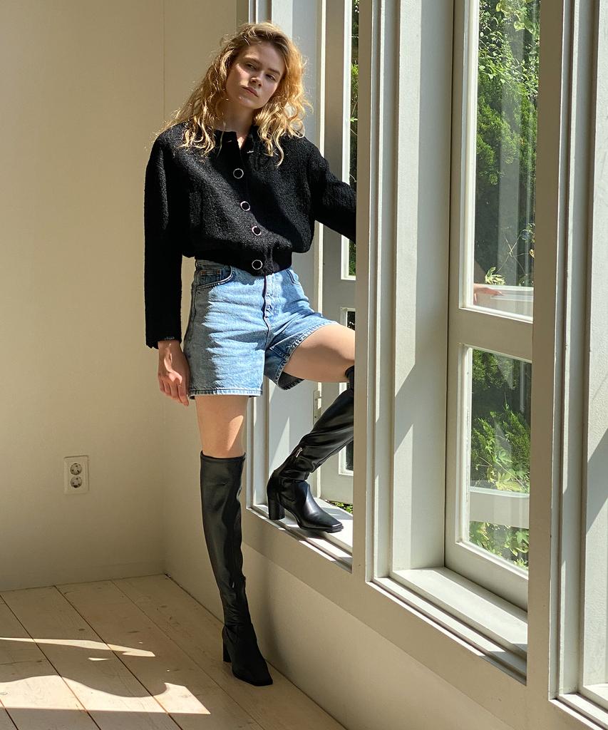 Moodnight Nora Span Knee-High Boots Leather - 3Color 6.5Cm Spandex Knee-High Boots