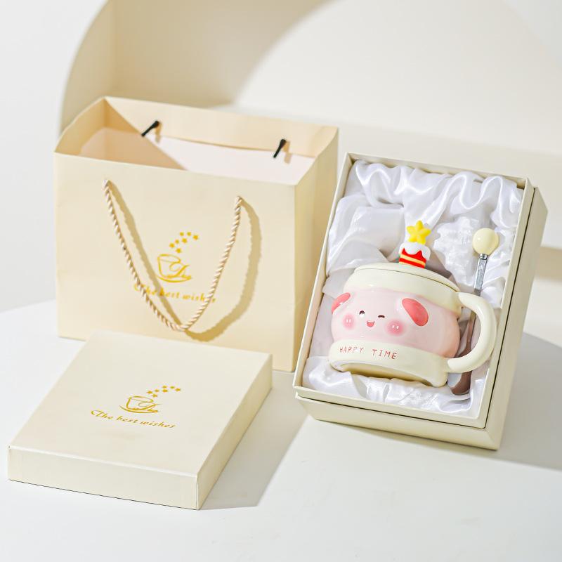 Cute Ceramic Water Cup Birthday Gift for Girls Super Cute and Beautiful Couple Mug with Lid Spoon Cup Souvenir
