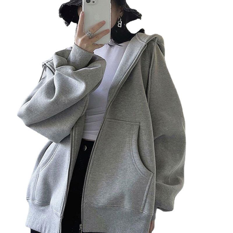 2023 Unisex Grey Hooded Zip-Up Jacket: Lightweight, Loose, Casual Autumn Sweatshirt
