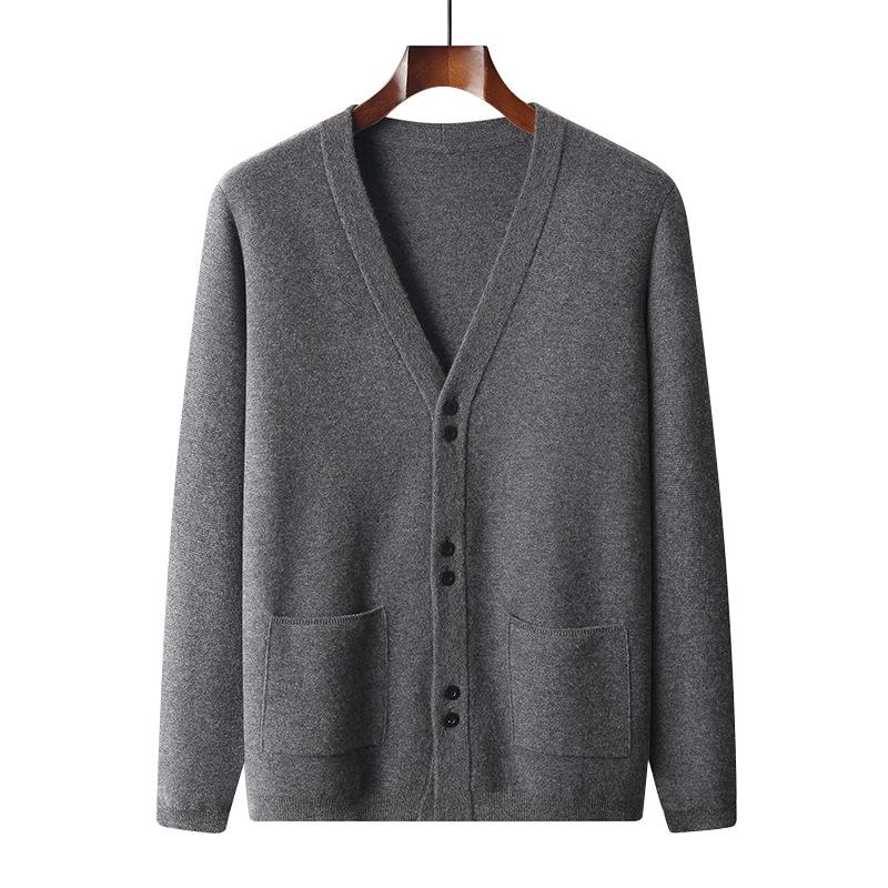 Men's V-Neck Pure Wool Cardigan, Plus Size, Middle-Aged & Elderly, Loose Fit, Solid Color, Casual Knit Outerwear for Autumn & Winter.
