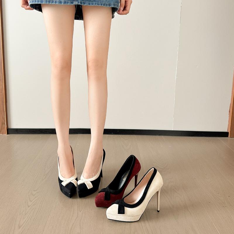 2025 Spring Autumn Suede Shoes for Woman Fashion High Heels 12cm Spike Heels Butterfly-Knot Apricot Platform Pumps Party Shoes