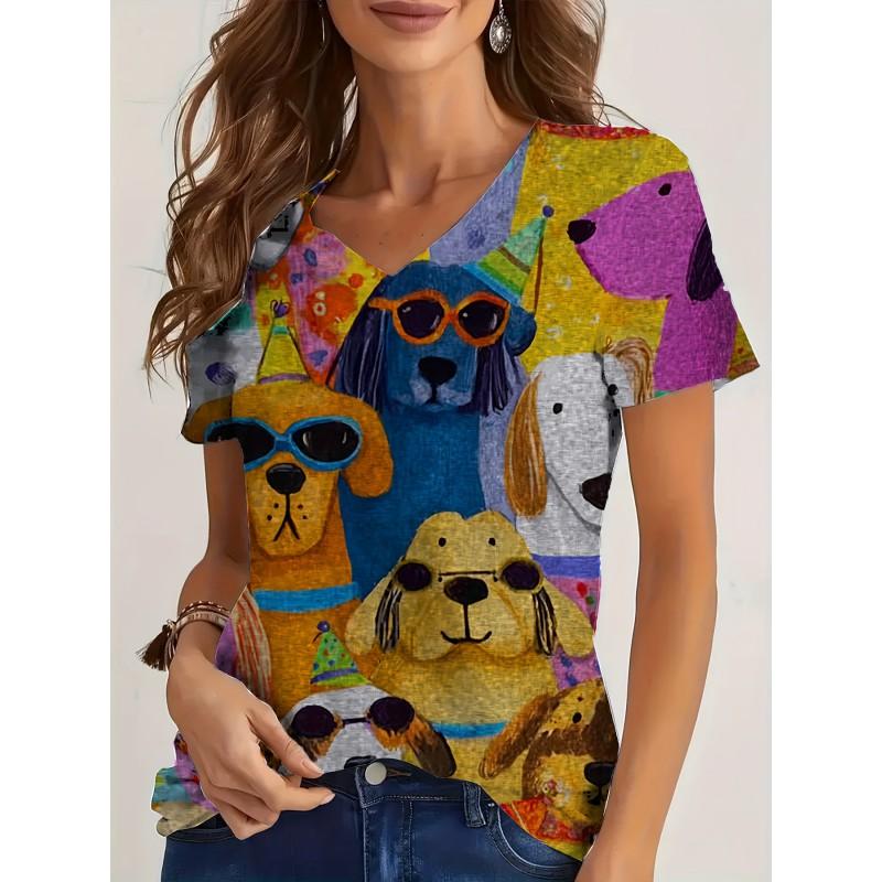 Womens V-Neck Loose Fit Short Sleeve T-Shirt With Floral Print Casual Top