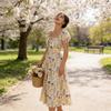French Bubble Sleeve Printed Dress With Polyester Fabric For Summer Casual Wear