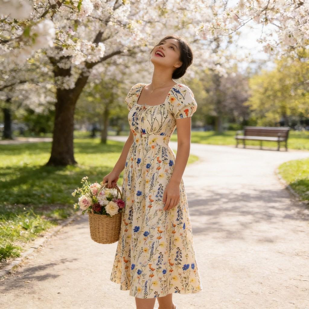 French Bubble Sleeve Printed Dress With Polyester Fabric For Summer Casual Wear