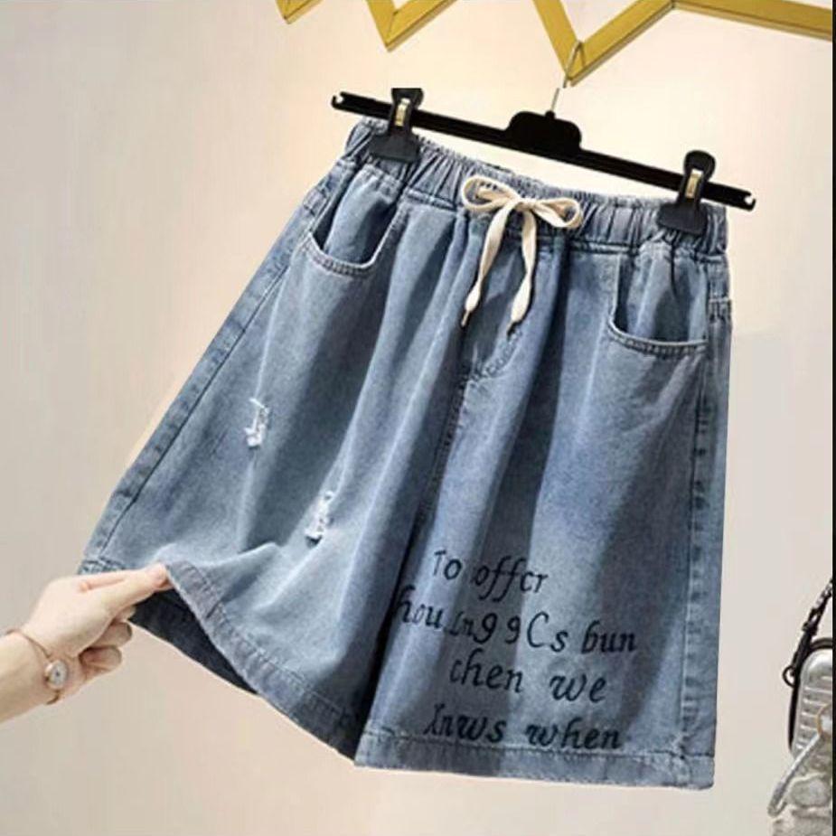 Plus Size Women's Embroidered Denim Shorts - Summer 2026, Loose Fit, Wide Hips, Thick Slimming, Wide-Leg Capri Pants