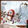 Festive Home Decor Supplies Christmas Static Window Cling, Penguin Decal with Holly Baubles Snowflakes, Non Adhesive Film for Living Room Window,