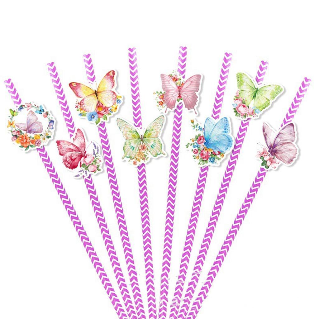 24pcs Butterfly Theme Party Decoration Straws DIY Colorful Butterfly Card Straws Kids Happy Girls Butterfly Birthday Party Decor