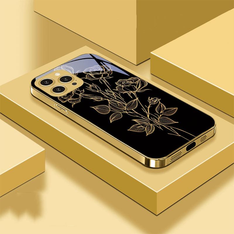 Golden Rose Flowers For IPhone 16 Pro Max 15 P Ro 14 M Ax 13 Plus 12 Mini 11 XS Max XR Golden Tempered Glass Phone Case