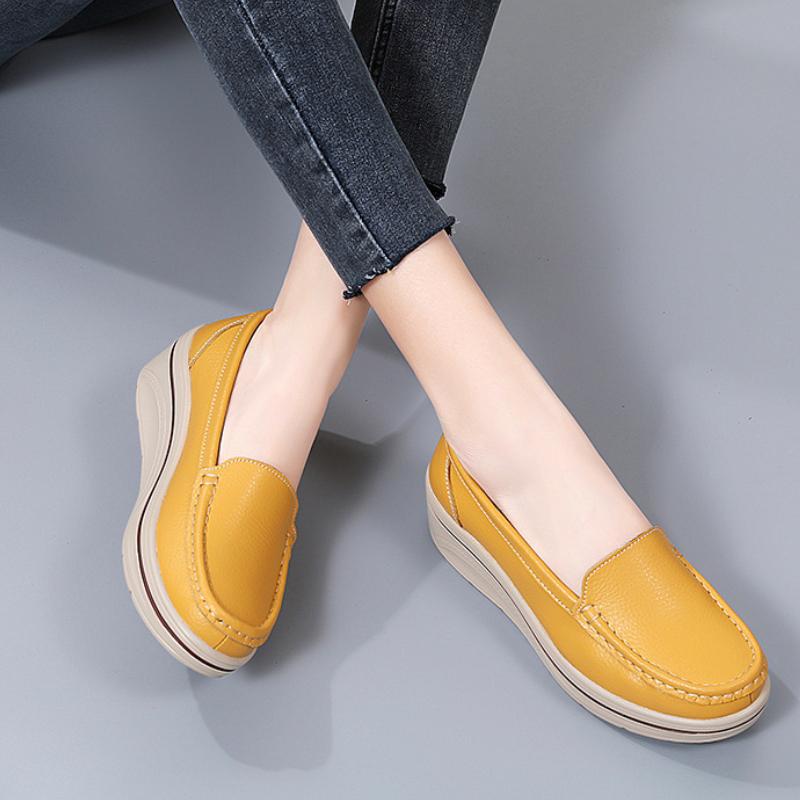Women Genuine Leather Rocker Shoes Slip-on Loafers Casual Walking Shoes Mother Shoes Wedge Heels Platform Footwear