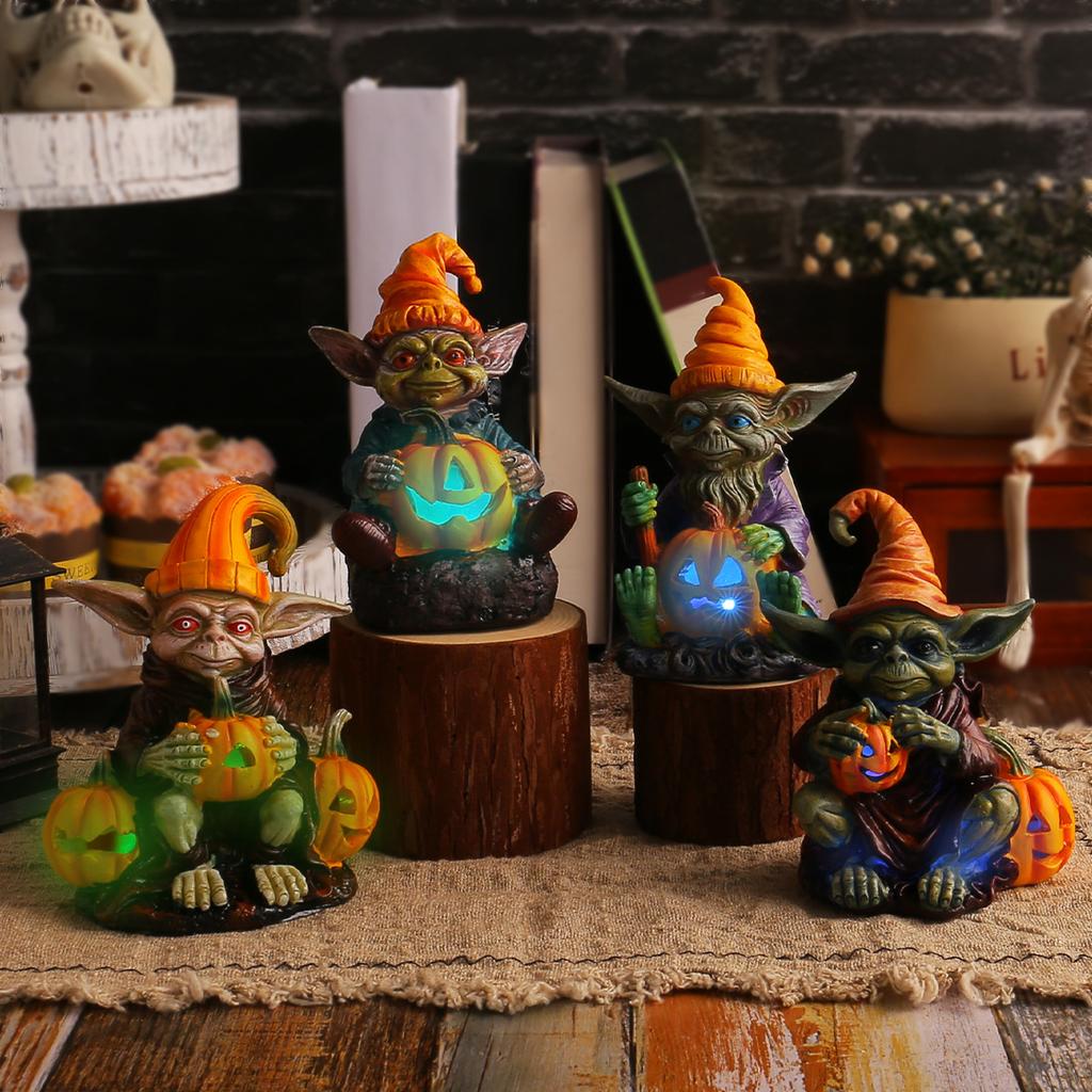 Halloween Pumpkin Lantern Spirit Resin Craft Piece - Home Desktop Glow-In-The-Dark Spirit Figurine Decoration
