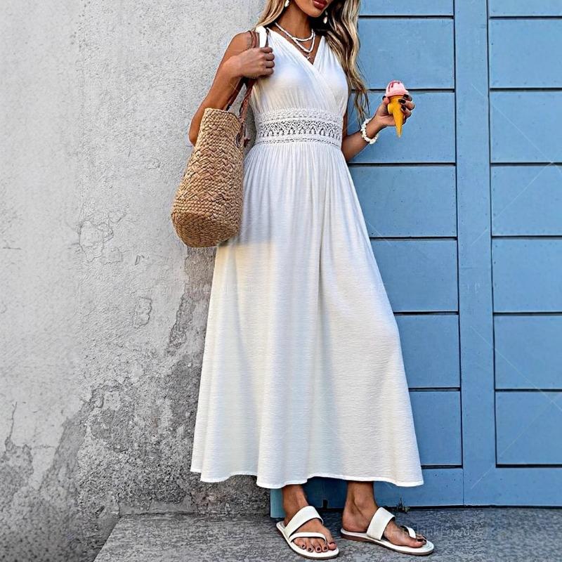 Fashion Sexy Cross V Neck Women Evening Party Dress High Waist Slim Lace Sleeveless Loose Casual Simple Elegant Long A-line Dresses Solid Clothing