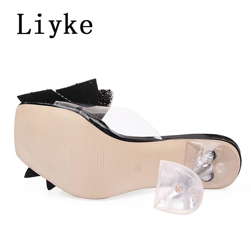 Fashion Liyke Fashion Crystal Sequined Bowknot Women Slippers Sandals Strange Style Clear Heels Open Toe PVC Transparent Shoes Size 46