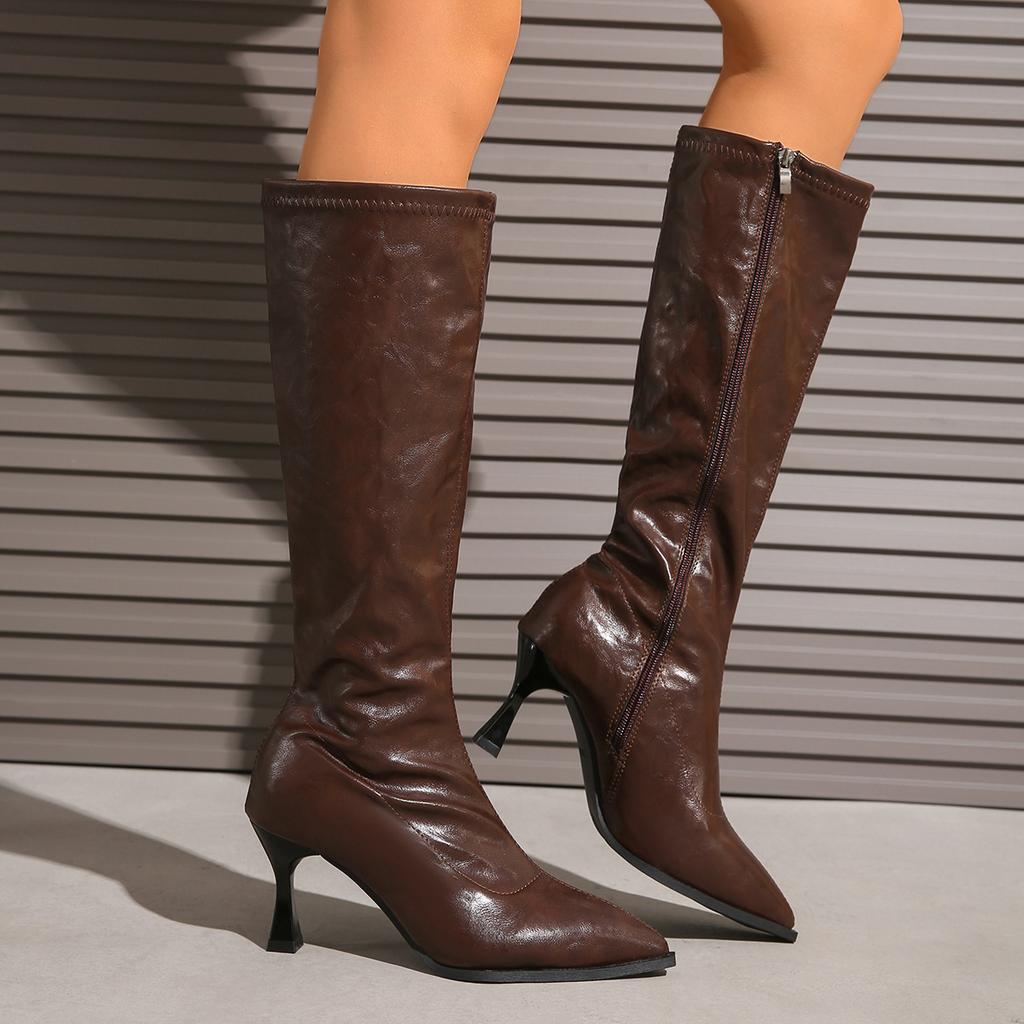 2026 autumn and winter new pointed side zipper women's boots thin high heel women's large size high knight boots