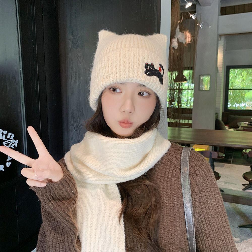 Embroidered Cat Cat's Ears Knitted Hat Soft Woolen Hat Sweet Warm Cap  Outdoor