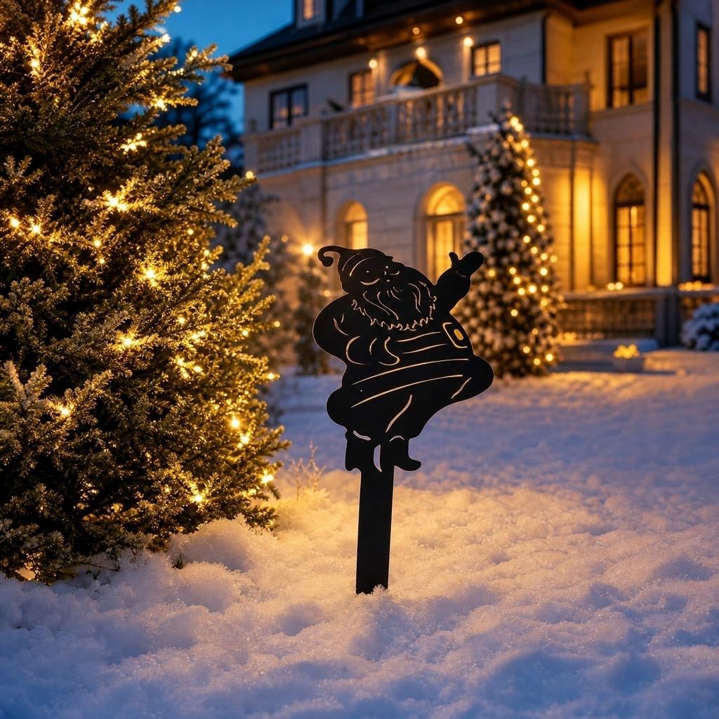 Metal Art Santa Claus Garden Stake Christmas Yard Decoration Outdoor Metal Sculpture Lawn Ornament Festive Holiday Display