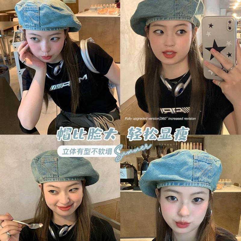 Octagonal Denim Beret Women's Autumn Hat Nostalgic Retro Big Head Circumference Summer Showing Face Small Painter Hat High Sense