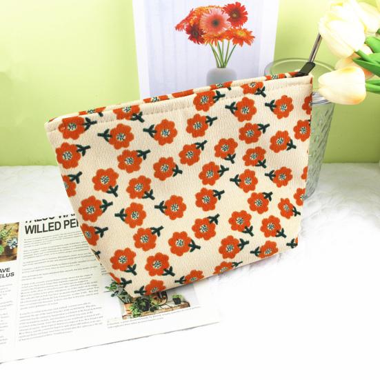Flower Print Corduroy Cosmetic Bag Large Capacity Portable Smooth Zipper Multifunctional Travel Toiletry Makeup Lipstick Coins Phone Storage Pouch