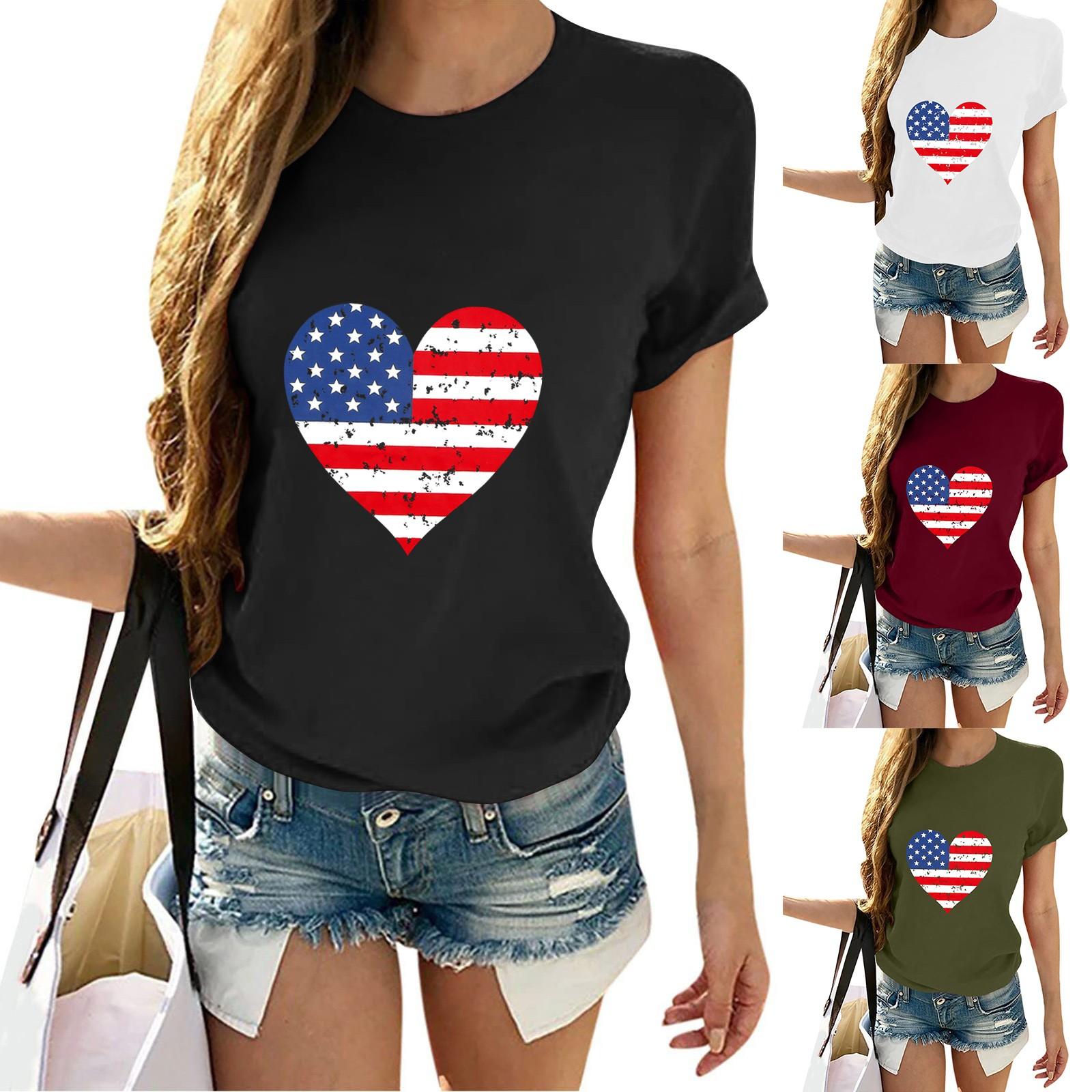 

Женская мода День независимости Печать Повседневная круглая шея с коротким рукавом Футболка Топ