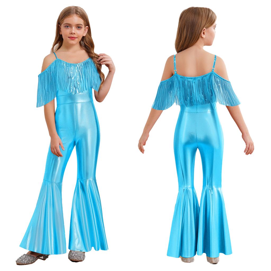 Sparkly Sequins Jumpsuit for Girls Spaghetti Strap Sleeveless with Tassels Flared Pants Pageant Club Outfit