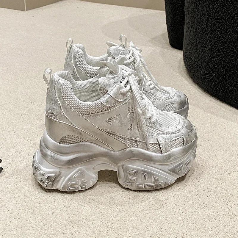 Fashion 10.5CM High Platform Sneakers Women New 2025 Mesh Shoes Comfortable Casual Chunky Shoes Wedge Heels Breathable Sneakers