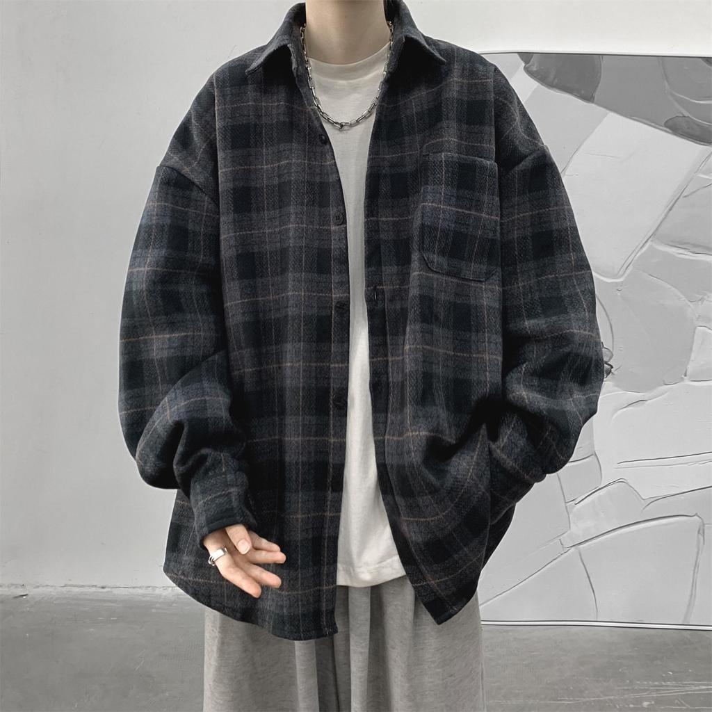 Men's Long-Sleeve Plaid Jacket - 2023 Spring/Autumn Hong Kong Style, Japanese-Inspired Workwear Shirt