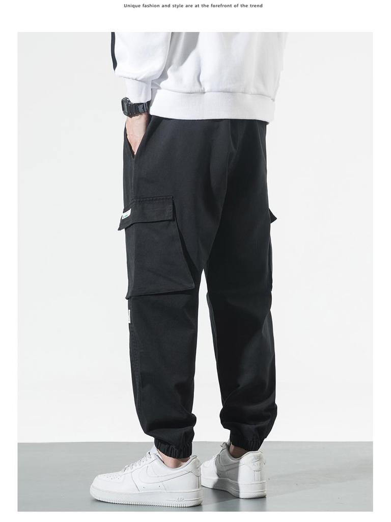 Lingrui Japanese Men's Loose Fit Trendy Wide-Leg Elastic Waist Multi-Pocket Overalls