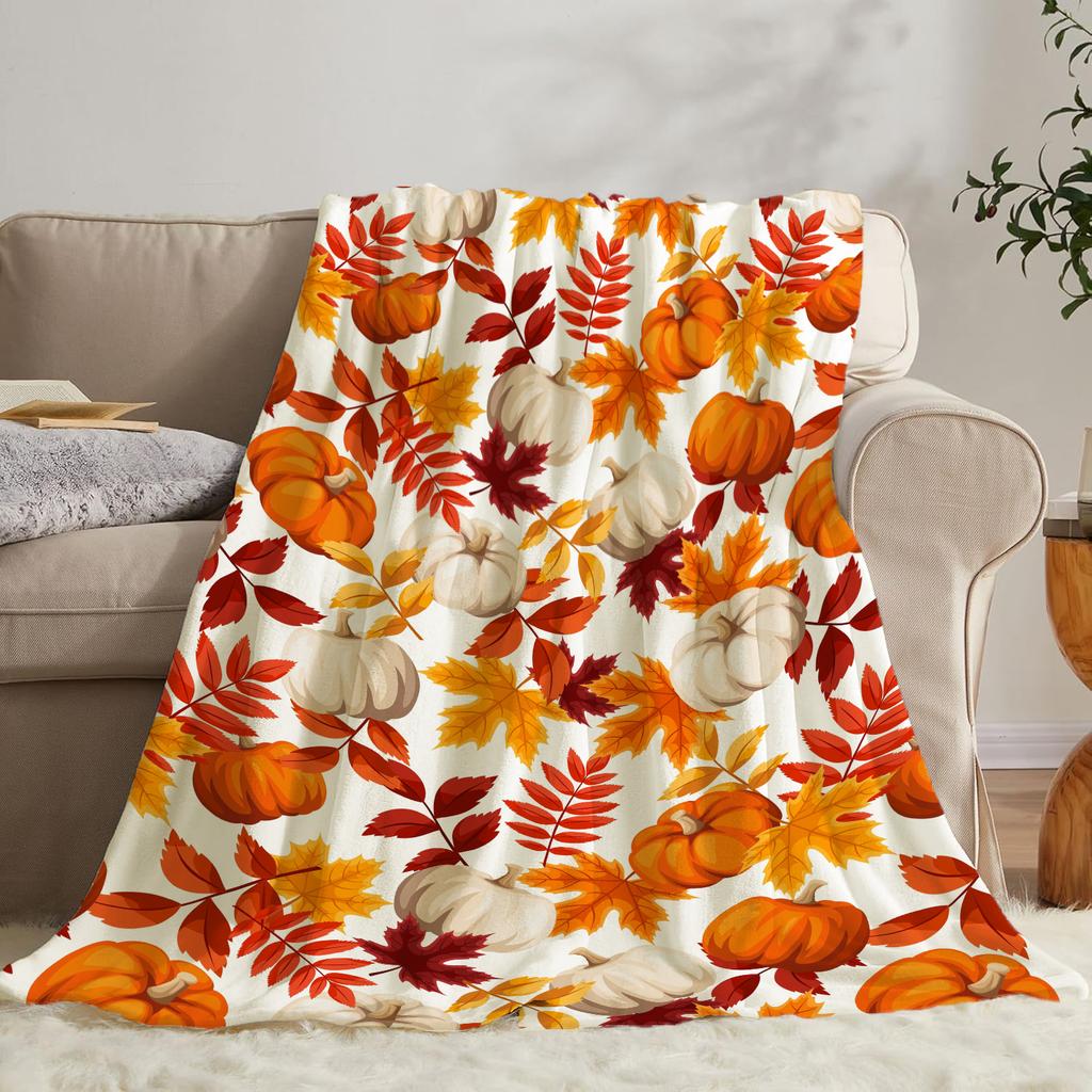 Fall Thanksgiving Throw Blanket Maple Leaf Pumpkin Flannel Print Blanket Super Soft Cozy Nap Blanket Perfect Home Gift for Her