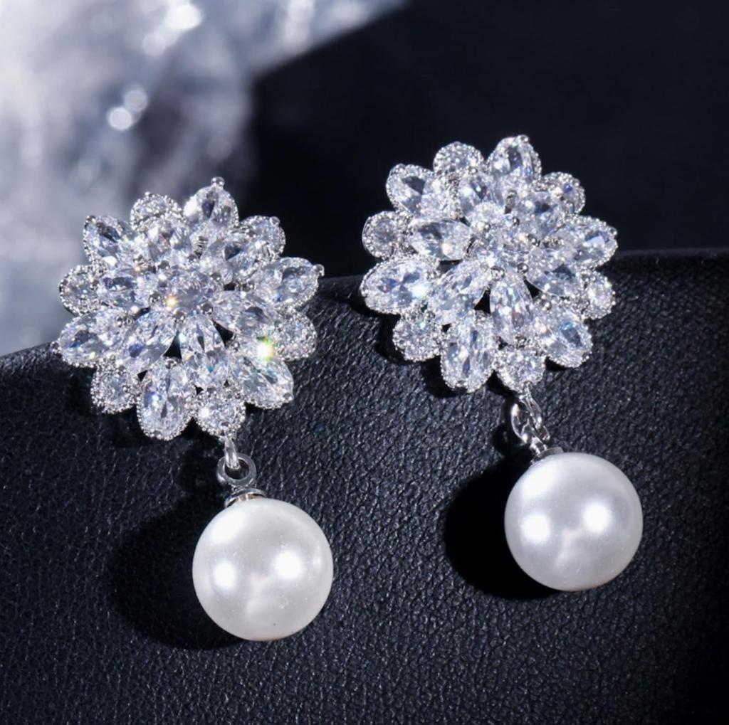 Ladies Cubic Zirconia Pearl Earrings Accessories for and Events [J's Select] Weddings, Bridal, Parties,