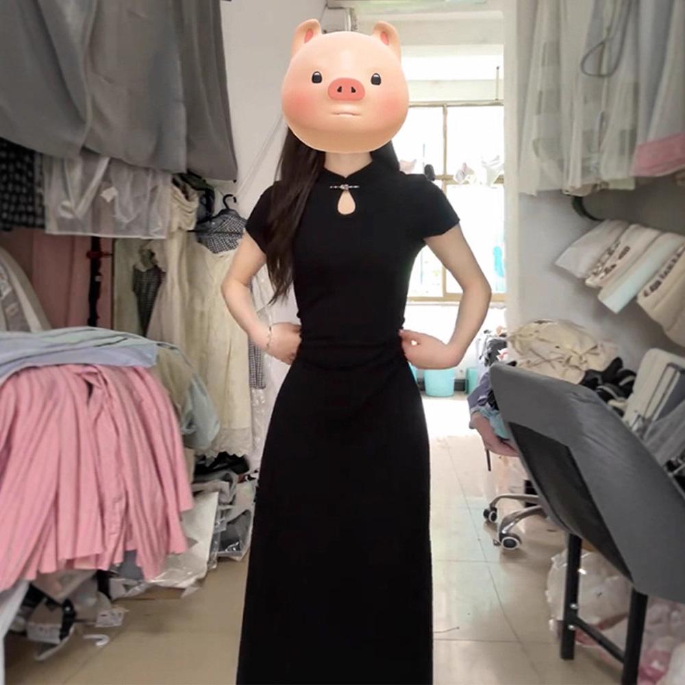 Temperament New Chinese Style Black Cheongsam Dress Women's New Summer Waist Dress Small Man