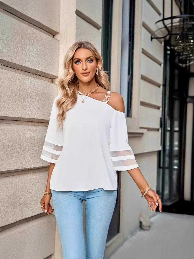 2025 Women Solid Color Metal Buckle One Shoulder Blouse Casual Flare Half Sleeve Commuter Top